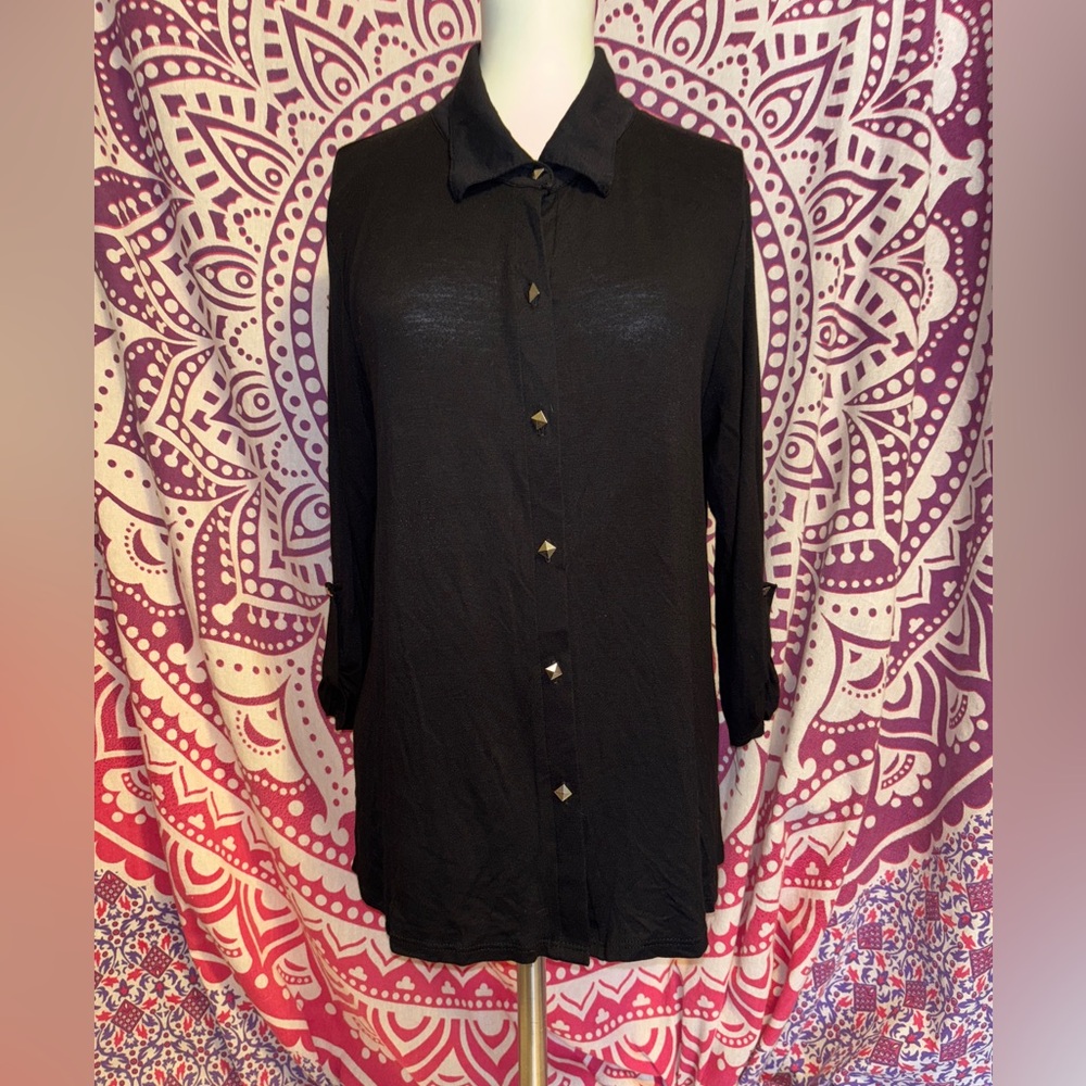 Love J USA Black Pin Stipe Back Long Sleeve Studded Button Up Women’s Size XL